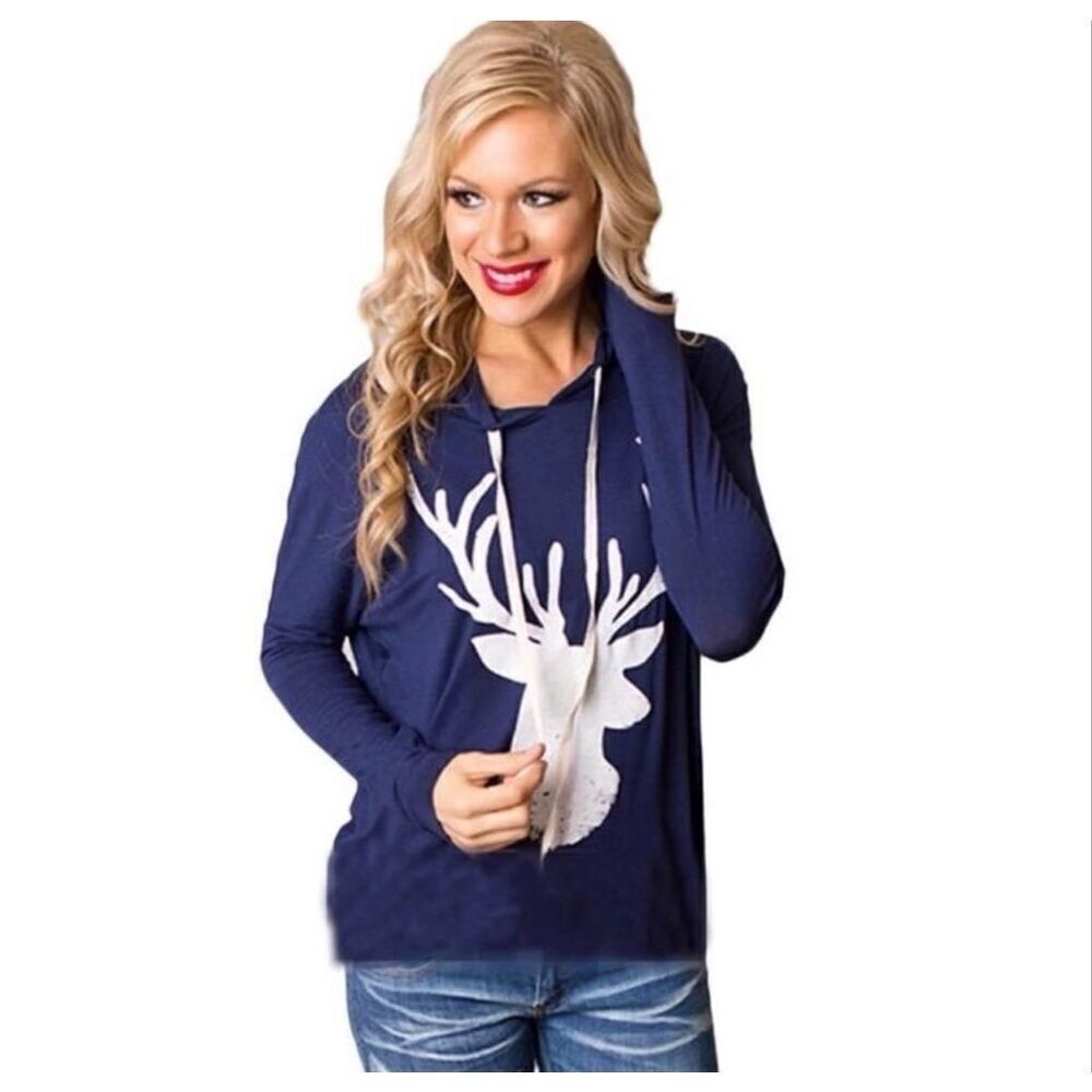 New Womens Boutique Holiday Reindeer Deer Lightweight Hoodie Top Shirt - Sz M